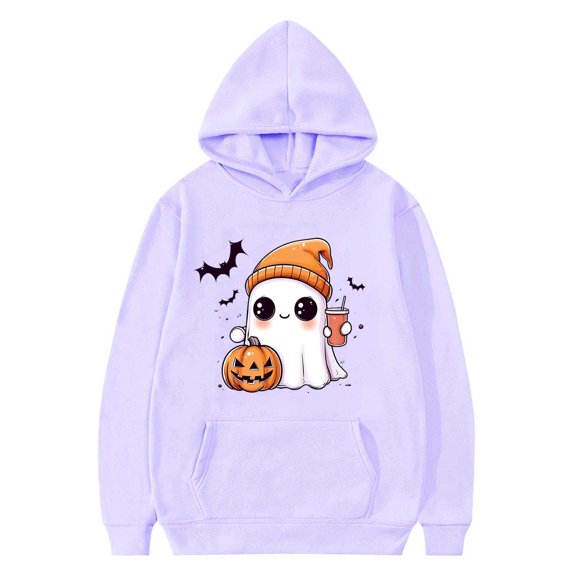 SERTG Kids Halloween Print Hooded Sweatshirt Fashion Loose Casual Printed Long Sleeved with Pockets Top for Children 2-13 Years(Purple,2-3 Years)