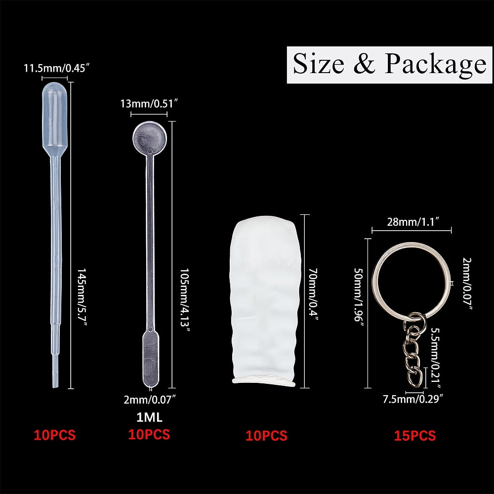 1set Keychain Making with Silicone Molds Iron Split Key Rings Disposable Plastic Transfer Pipettes and Plastic Round Stirring Rod Latex Finger Cots White