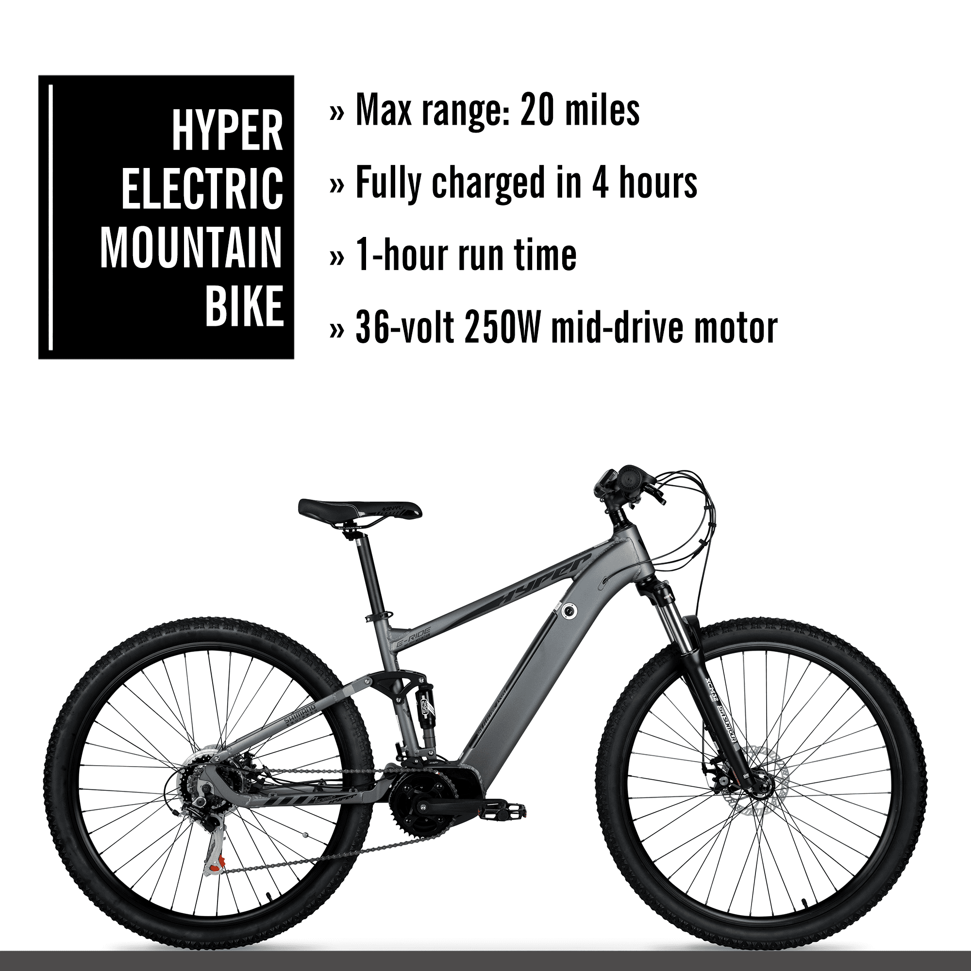 Kostbaar Lol Hol Hyper 29" E-Ride Electric Bike, Mid-Drive MTB Dual-Suspension, 36 Volt  Battery, 20+ mile Range, Matte Grey - Walmart.com