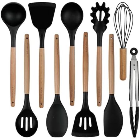 Silicone Cooking Utensils Set 10 Pcs - BPA Free Kitchen Utensil Set with Heat-Resistant Wood Handles, Non-Scratch Spatula Set Safe for Nonstick Cookware (Black)