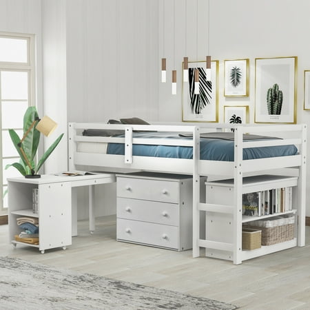 CLEARANCE! Low Study Twin Loft Bed with Cabinet and Rolling Portable Desk - White