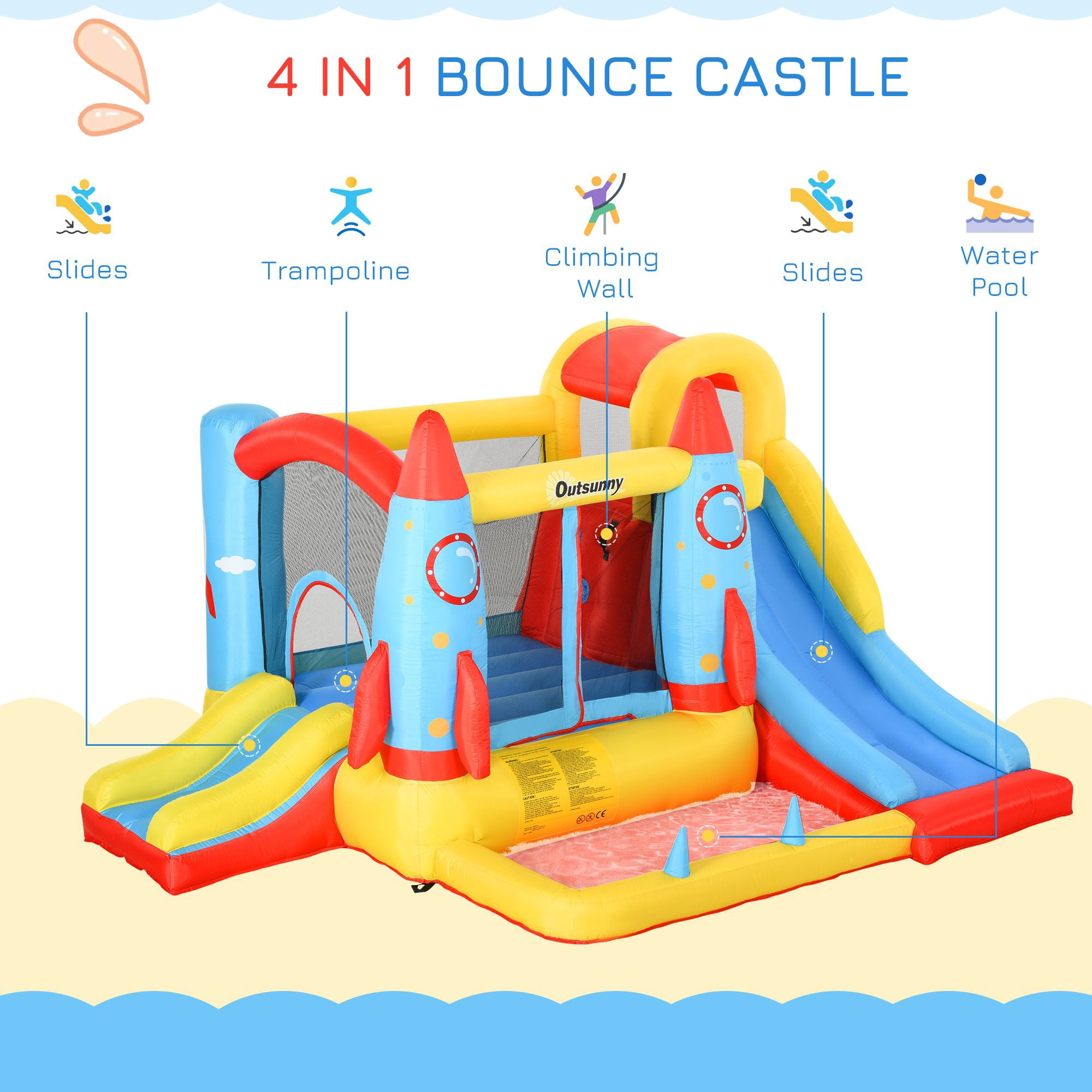 Large Inflatable Bounce House 4-in-1 Bouncy Castle with Dual Slides Climbing Wall Trampoline and Water Pool for Endless Fun