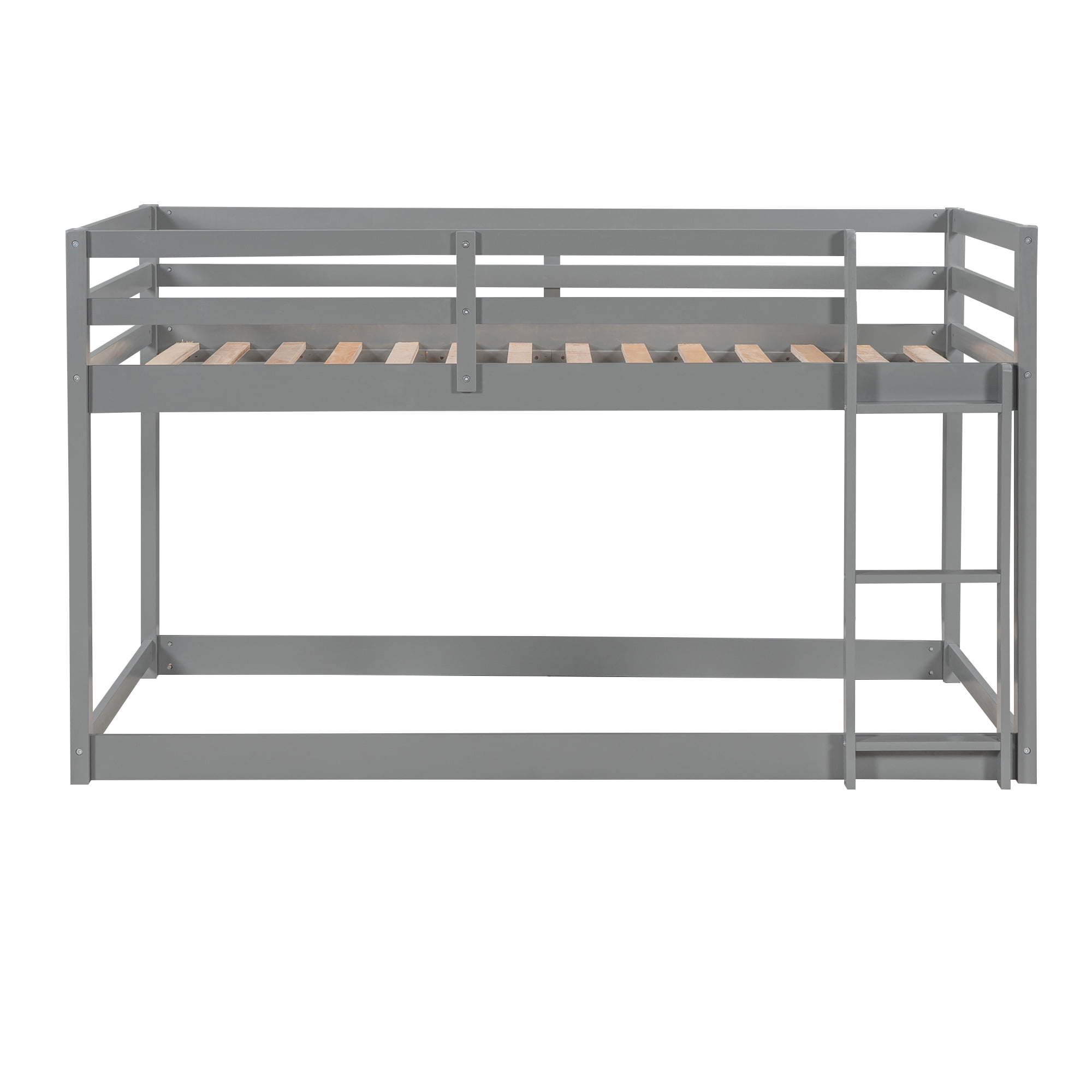 Euroco Twin over Twin Floor Bunk Beds with Ladder and Guardrail for Kids Teens, Gray