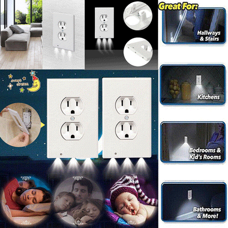 2 Pcs Duplex Night Angel Sensor LED Wall Outlet Pulg Cover Plate Hallway Bathroom Bedroom Kid Night