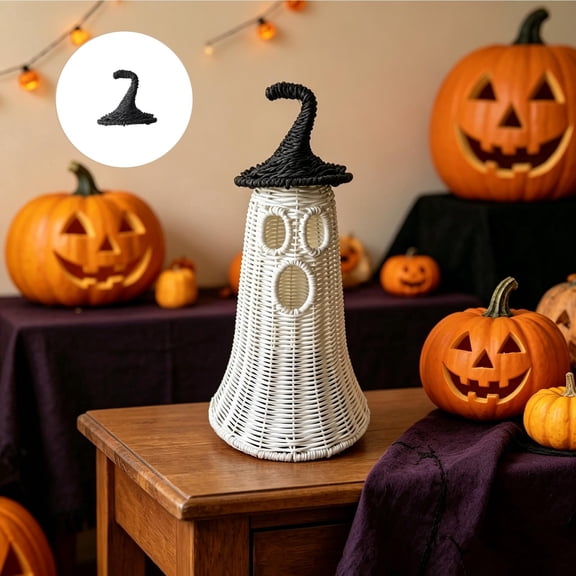 Rattan Witch Hat and Wicker Ghost Halloween Decor,Handwoven Ornament for Home Party Porch(A)