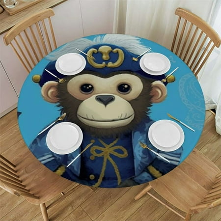 JEUXUS Fitted Round Tablecloth 58 Inch Cartoon Monkey,Cute Pirate Monkeys Nautical Anchor Colorful Table Cover,Elastic Edged Table Cloth Fits Round Tables