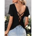thumbnail image 2 of Womens V Neck Solid Crisscross Back Tee Short Sleeve Backless Summer Blouse For Women, 2 of 6