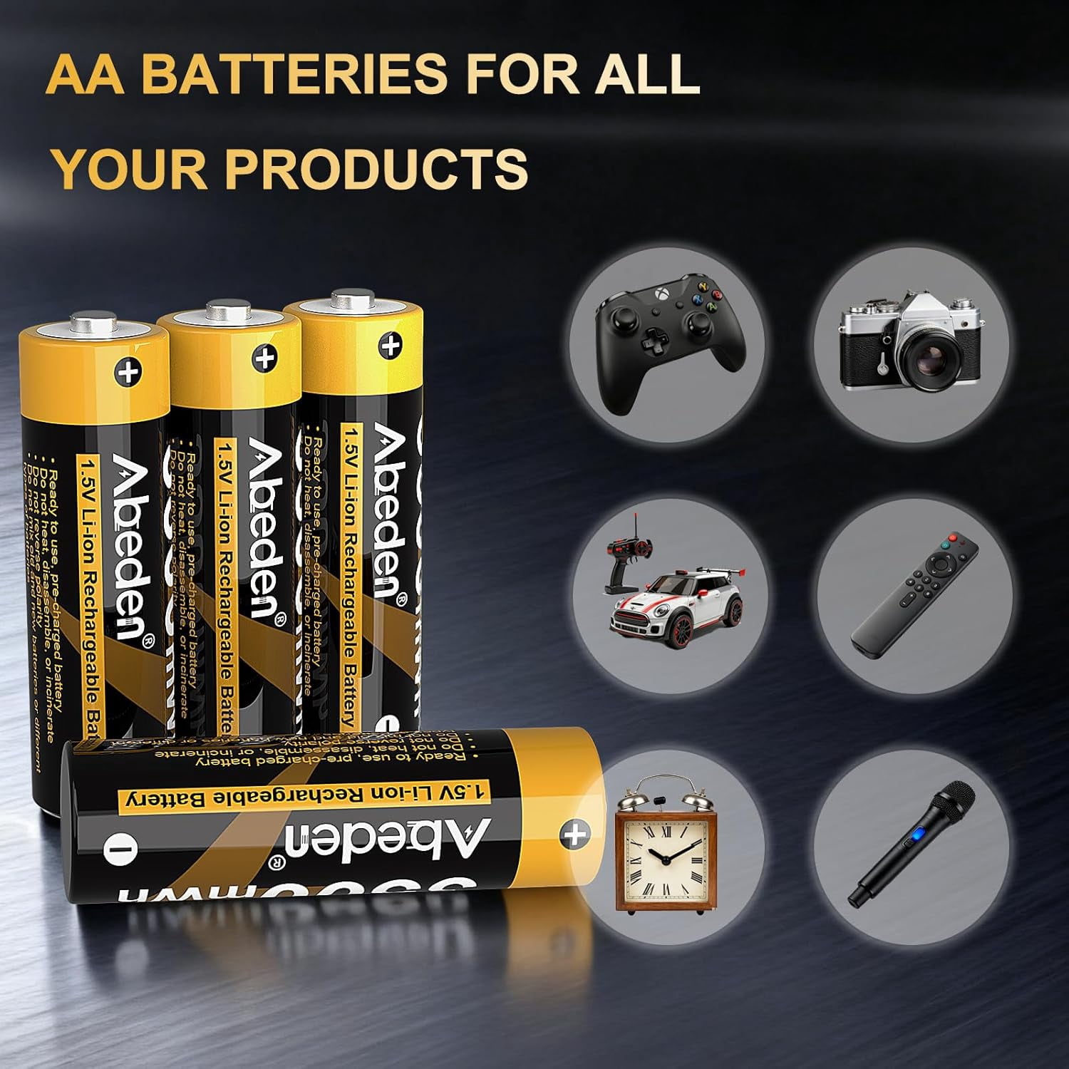 Abeden Rechargeable AA Batteries with Fast Charger, 4Pack 3500mWh 1.5V Lithium Double A Batteries,High Capacity,2000+ Cycles Long-Lasting,Black