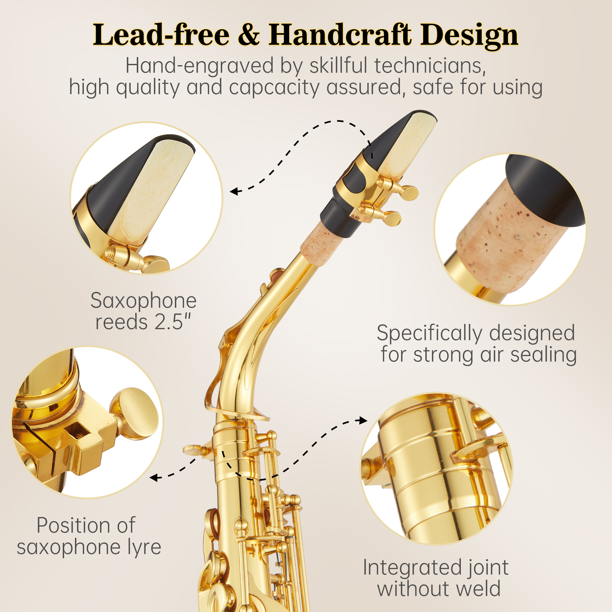 Alto Saxophone E Flat for Beginner Sax Full Kit with Mouthpiece, Straps, Reeds, Stand, Golden Lacquer