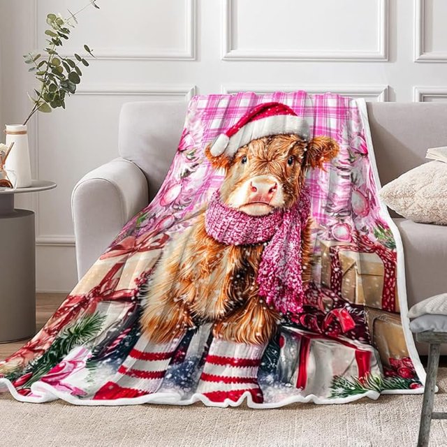 Manta navideña con diseño de vaca de las Tierras Altas, copos de nieve, para niños, cálidas decoraciones navideñas para el hogar, sofá cama, fiesta, decoración de Año Nuevo, manta polar roja