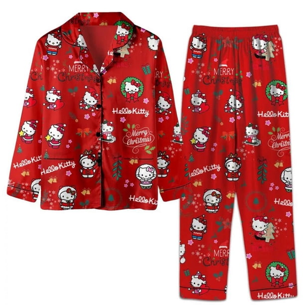 2 uds Sanrio Hello Kitty pijamas Anime Y2K niñas pantalones de manga larga moda Kawaii Casual suelta pareja ropa de casa traje camisón