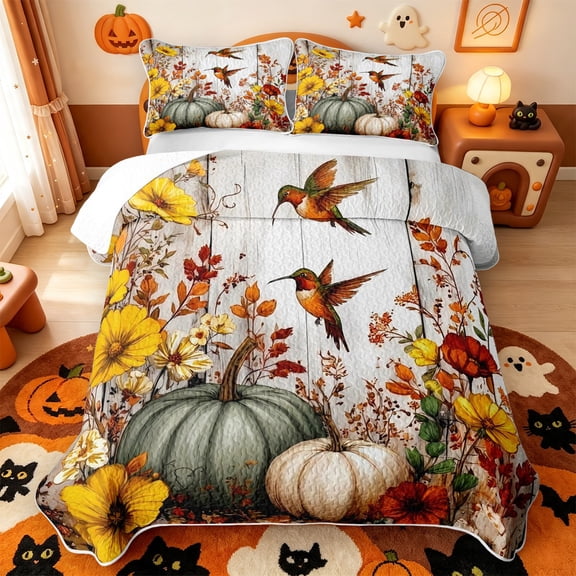 Manfei Harvest Season Hummingbird Quilt Full,Farmhouse Pumpkin Full Bedspread Sets,3-Piece,1 Coverlet and 2 Pillowcases