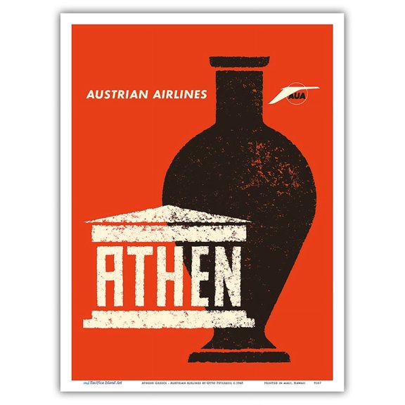 Athens (Athen) Greece - Ancient Greek Amphora - Austrian Airlines - Vintage Airline Travel Poster by Otto Peterseil c.1965 - Master Art Print (Unframed) 9in x 12in