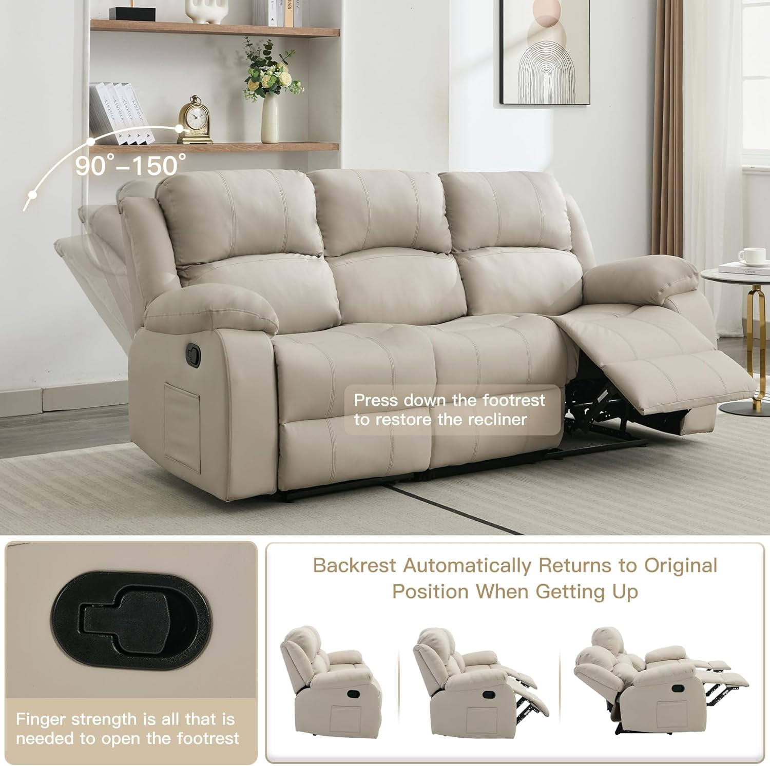 Chizzysit Reclining Couch Sleeper Sofa Set Chaise Lounge Chair Leather Recliner Couch Loveseat for Living Room, Theater Seating - Beige