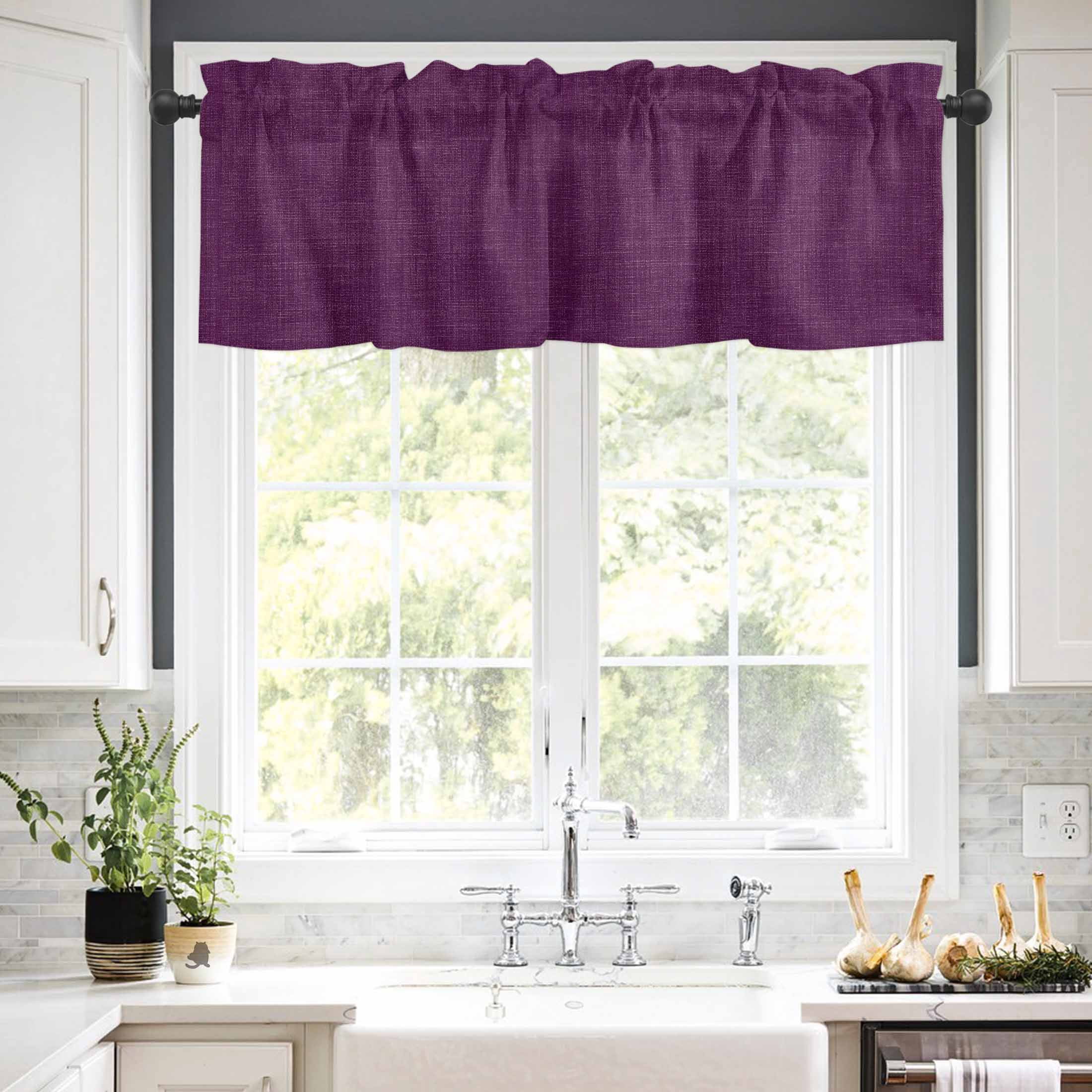 Vintage Dark Valances for Windows Purple Linen Texture Farmhouse Rod Pocket Curtain Valance Window Treatment Short Curtains for Kitchen Living Room, 54"x18"