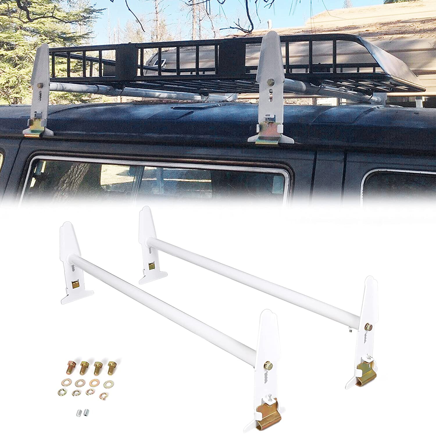 Ecotric Adjustable Van Roof Ladder Rack Carrier 2 Cross Bars for Chevy Dodge Ford GMC Express 47''-77'' 500lbs