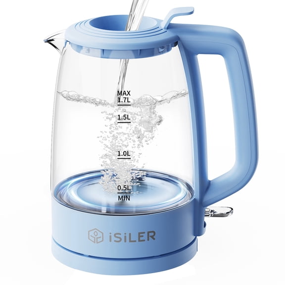 iSiLER 1500W Electric Kettle, 1.7 L Electric Tea Kettle, Cordless Glass Hot Water Boiler, Portable Teapot Heater, Quick-Fill Lid & Auto Shut-off & Boil-Dry Protection BPA-Free Blue