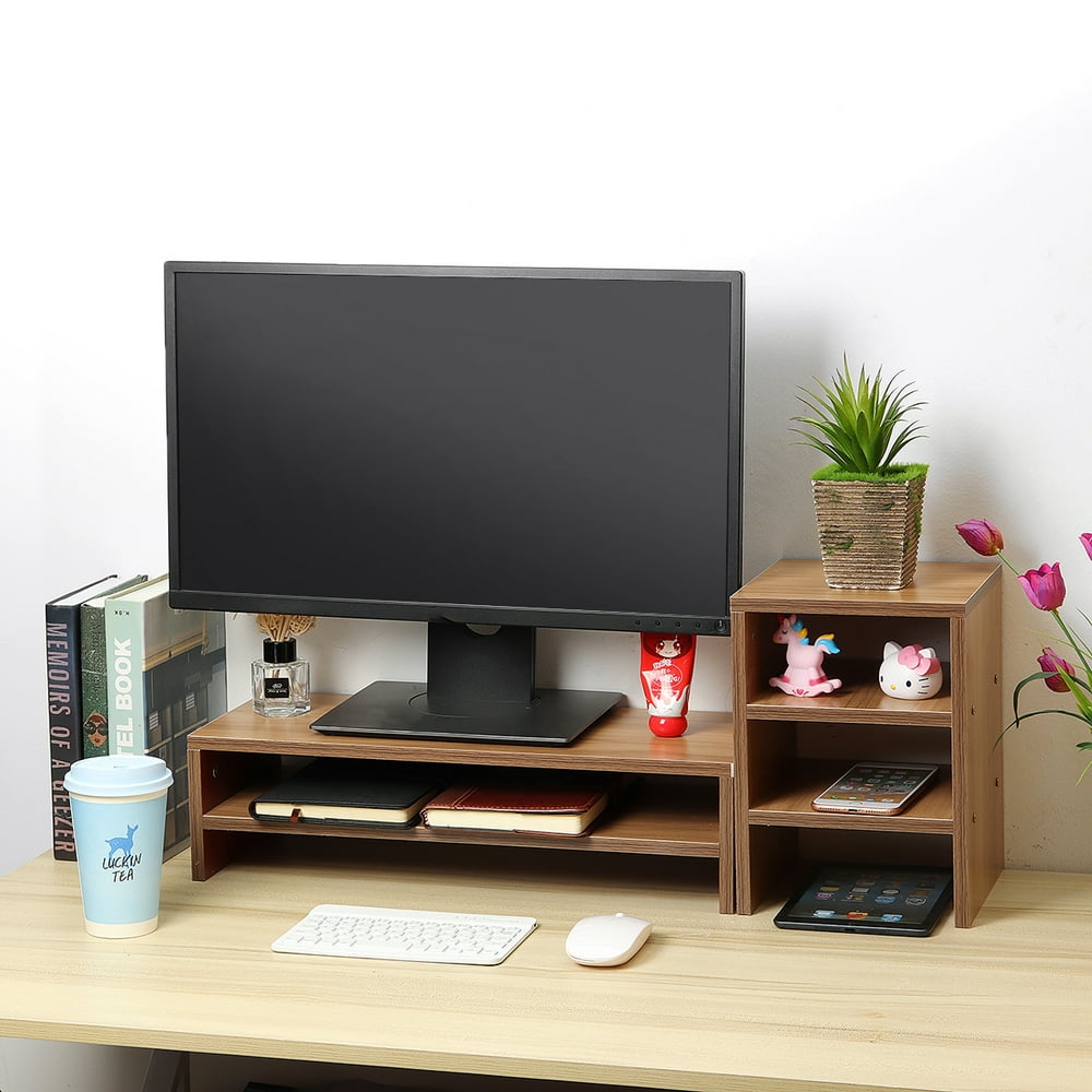 Wooden Computer Monitor Stand, Laptop TV Riser Desktop Holder with 4