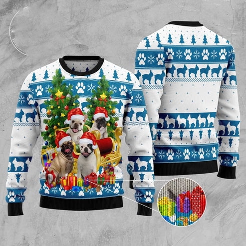 Dog Xmas Sweater, French Bulldog Greeting 3D Christmas Sweater, Funny Xmas Sweater
