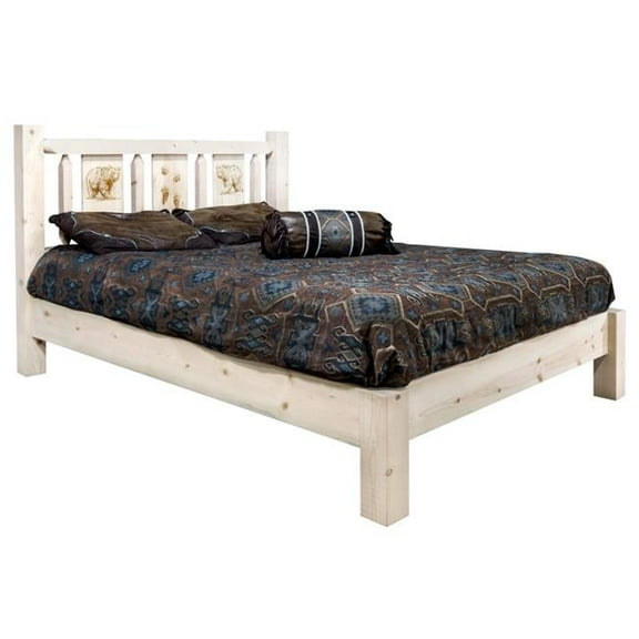 Homestead Collection King Platform Bed w/ Laser Engraved Bear Design, Clear Lacquer Finish