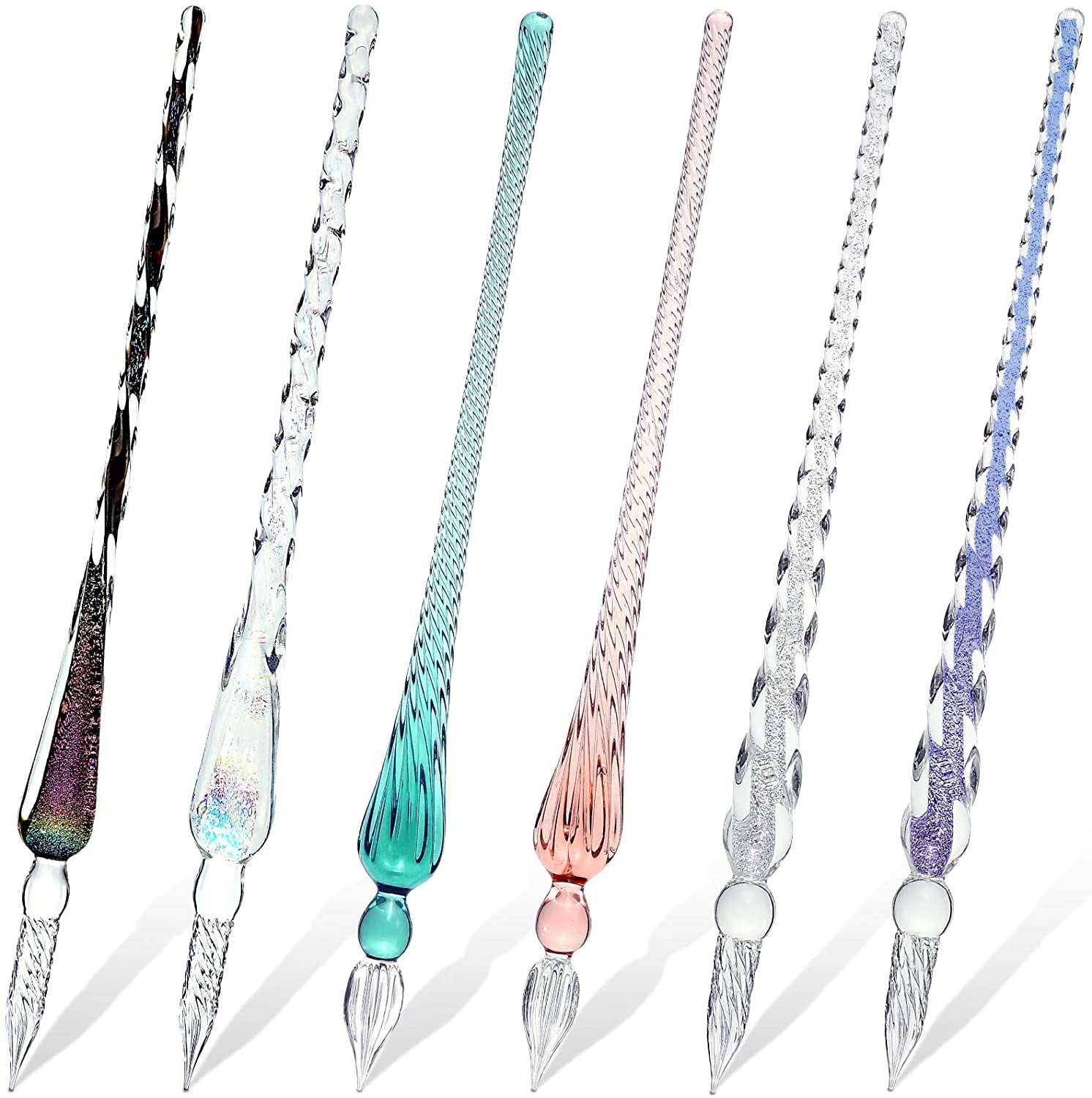6 Pieces Handmade Glass Dip Pen Silvery, Ink Blue, Ice Green, Green, Blue, Pink High Borosilicate Glass Crystal Dip Pen Glass Signature Pen for Writing Drawing Calligraphy Decorations Presents