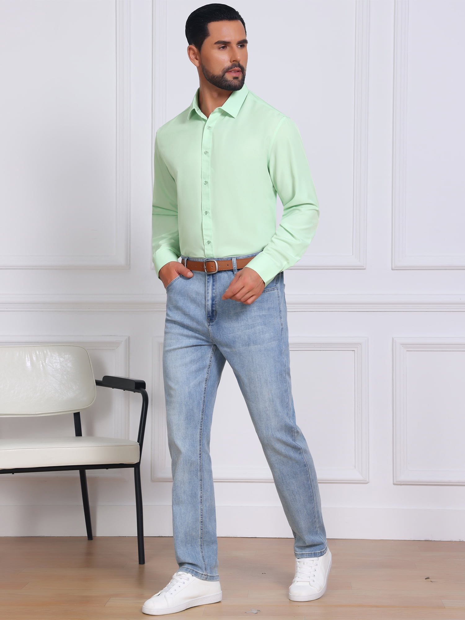 DARING DIVA Men's Solid Color Button Down Long Sleeves Stretch Shirts S Light Green