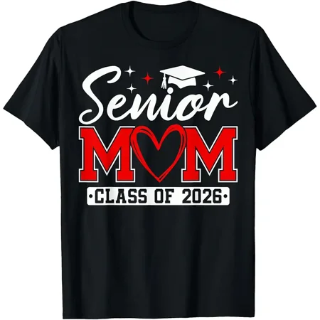Proud Senior Mom Class of 2026 Graduation T-Shirt - Retro Heart Graphic Tee for Mothers of Graduates - Comfortable Cotton Apparel for Graduation Ceremony and Celebrations