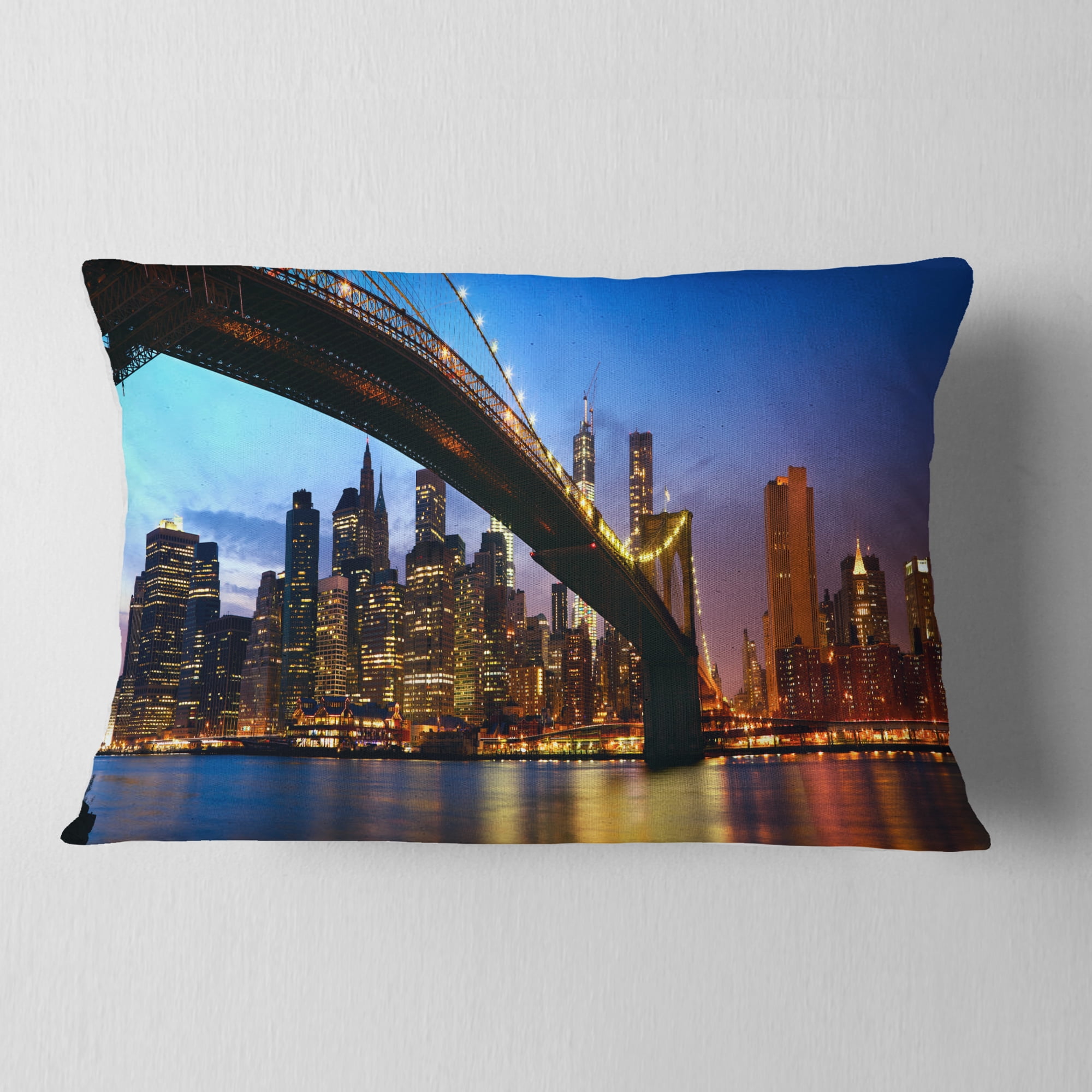 Designart Manhattan City with Bridge under Blue Sky - Cityscape Throw Pillow - 12x20