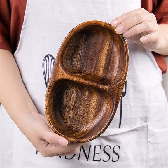 Gallickan Natural Wooden Divided Dinner Plate, Handcrafted Wood Tableware, 2-Compartment Rustic Serving Platter for Desserts Fruits Snacks, Log Color