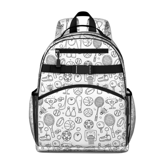 Doodle Sports Icons Pattern Backpack for School,Cute School Bag,Schoolbag with Adjustable Shoulder Straps & Padded Back,15.25"x11.5"x5.25"