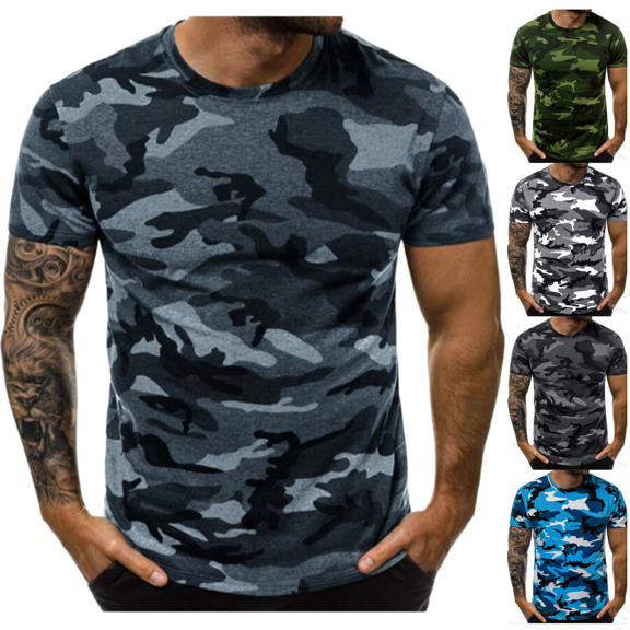 LRGSHF Camo Shirt for Men Sports Gym Short Sleeve Tops Fitted Fit Lightweight Breathable Crew Neck Tees Summer Soft Camouflage Pullover