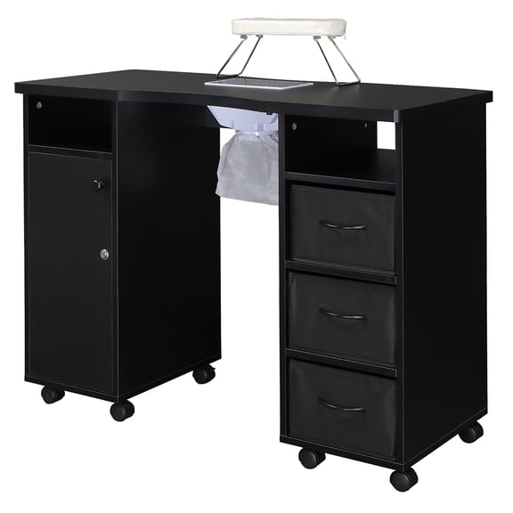 Kadyn MDF Manicure Table, Double Cabinet Nail Salon Station Table with 3 Drawers 1 Door, Modern Manicure Nail Desk with Fan Manicure Table, Black