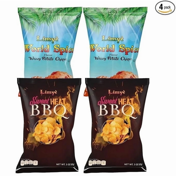 Limyè Potato Chips, World Spice Flavor and Sweet Heat BBQ, Kosher, Allergen Free, Vegan, 4 Pack, 3 Oz