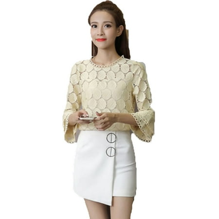 - Hollow Out Lace Women Blouses Korean Women Clothing Flare Sleeves O-Neck Slim Female Apricot White Tops