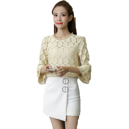 Hollow Out Lace Women Blouses Korean Women Clothing Flare Sleeves O-Neck Slim Female Apricot White
