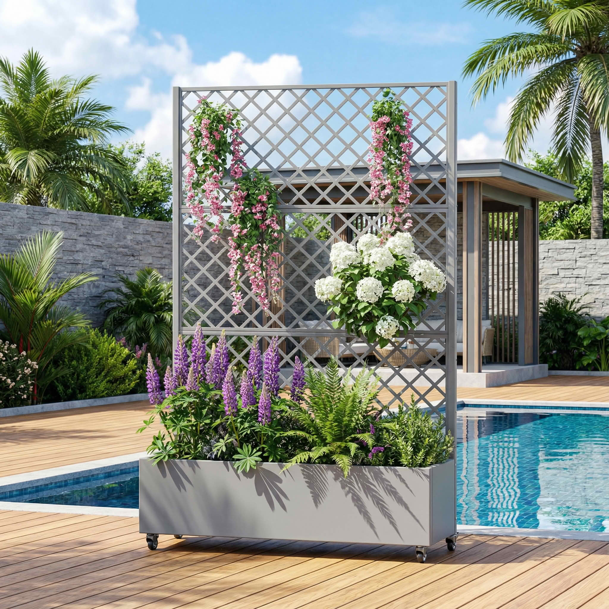 MAYEERTY 72X47" Metal Outdoor Gray Privacy Screen with Planter Box for Backyard & Garden, 5 Piece Set