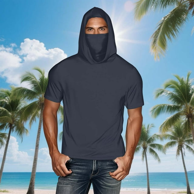 Clearance under 6!Sevevn UNISEX Summer Casual Solid Color Short Sleeve Hooded Ice Silk Sunscreen Cool Sun Protection Lightweight Tops With Face Mask Summer Gift Dark Blue XXXXL