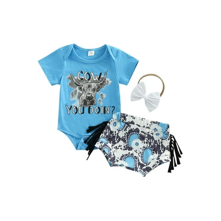 

ZIYIXIN Newborn Baby Girls 3pcs Clothes Cow Letter Printing Short Sleeve Romper+Tassel Shorts+Headband Sets Blue 3-6 Months