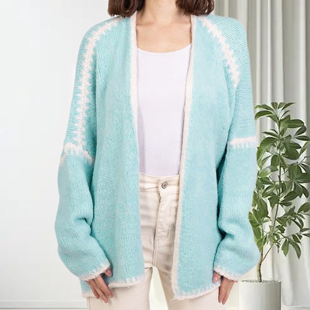 MPWEGNP Cardigan Tricoté à Col en V pour l'Automne et l'Hiver, Style Collège Chic, Manteau Chandail Bleu P