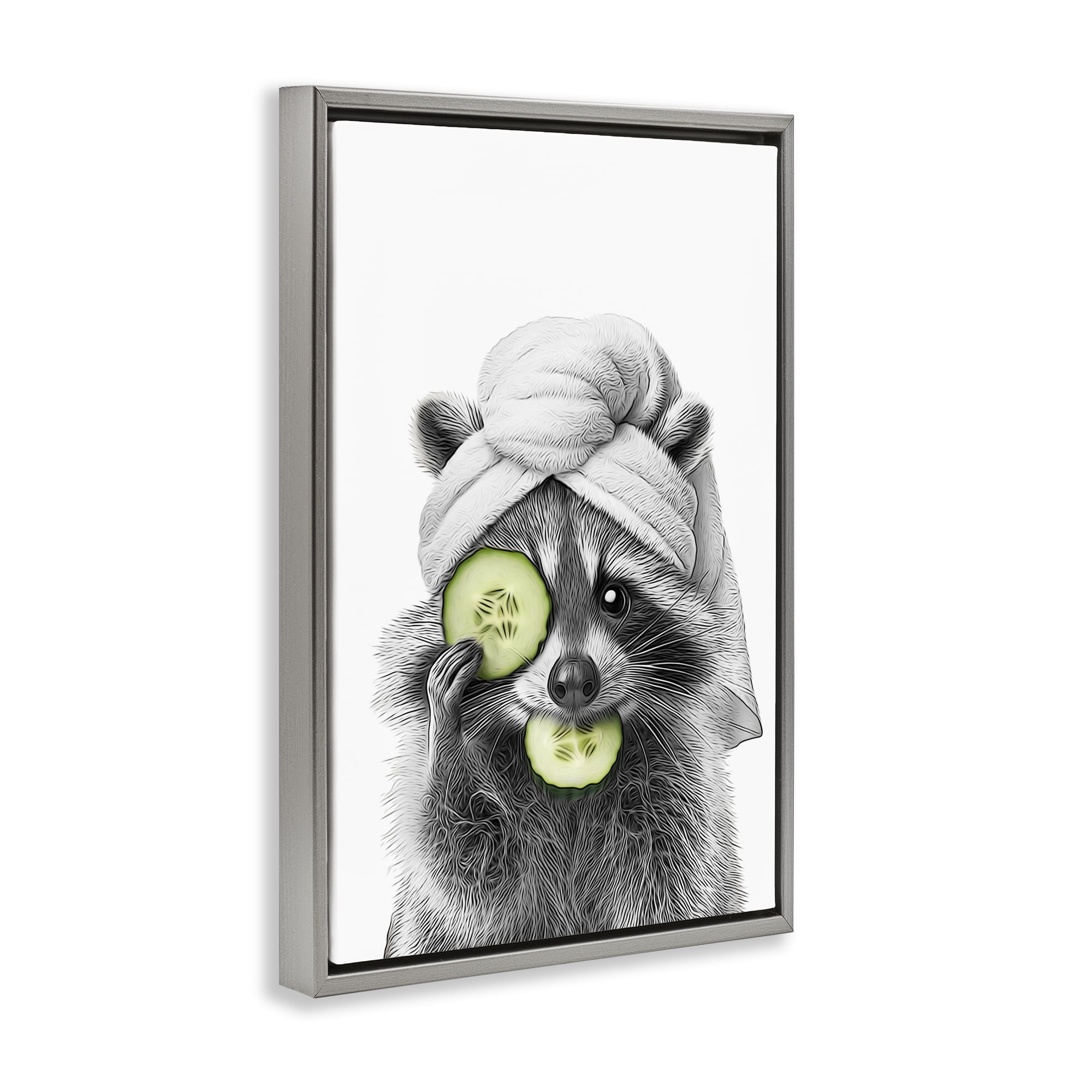 Stupell Industries Raccoon Spa Day Typography Painting Gray Floater Framed Canvas Art Print Wall Art, 21 x 31