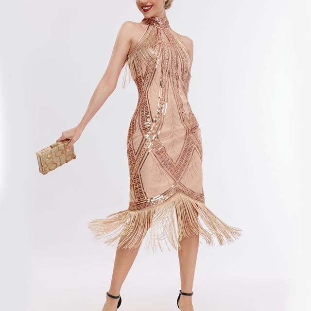 EGNMCR Robes de Soirée pour Femmes, Robes Formelles pour Femmes, Robe Vintage à Paillettes, Robe Suspendue à Encolure Cloutée à Franges, Robe Courte de Banquet Haut de Gamme, Robe Sans Manches à Revers Robe Femme