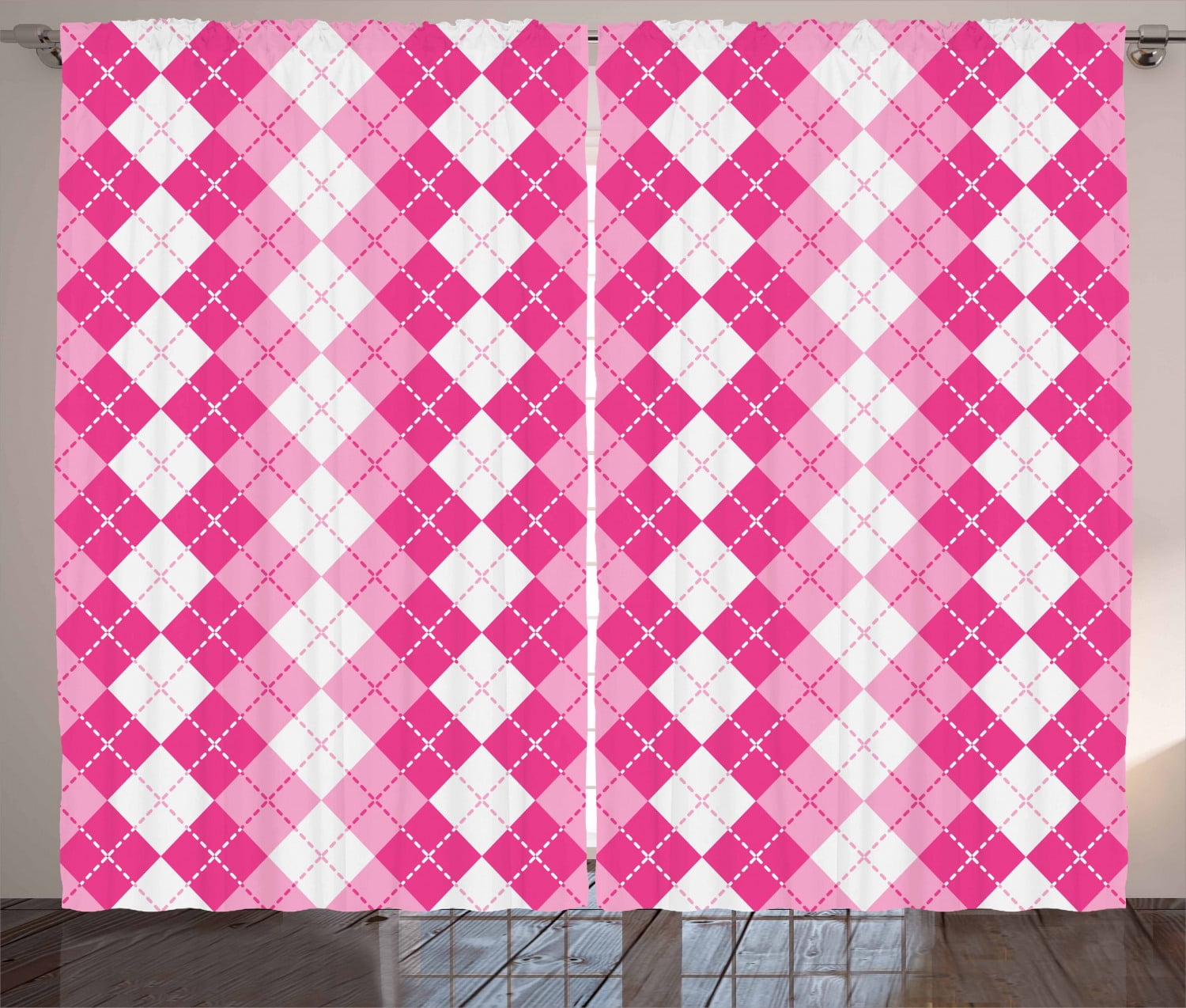 Pink and White Curtains 2 Panels Set, Traditional Argyle Design with