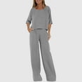 thumbnail image 2 of Women's Fall Cotton Linen Set - 3/4 Sleeve Crewneck Shirt + High Waist Wide Leg Pants | Summer Streetwear Outfit, 2 of 8