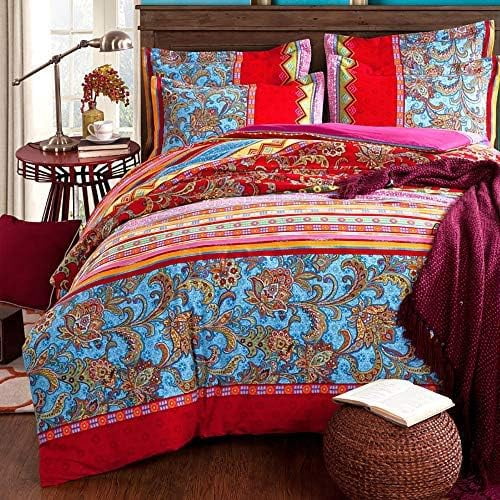 NAYOROOM Bohemian Boho Duvet Cover Set Twin Size,2 Pieces Retro Bohemian Mandala Striped Comforter Cover Sets, Colorful Red Blue