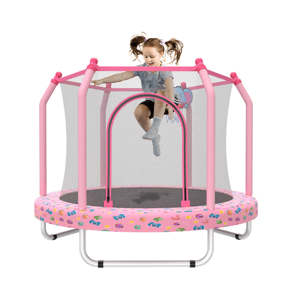 Leumius 55" Trampoline for Kids with Enclosure,Indoor & Outdoor Trampoline with Basketball Hoop for Boys & Girls,Pink