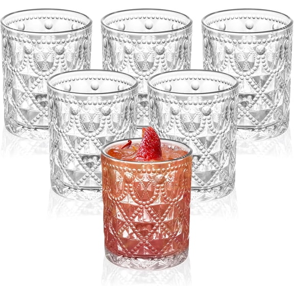 Vintage Diamond-Pattern Drinking Glasses Set of 6 – 12 oz Clear Short Glass Cups – Embossed Retro Glassware for Water, Cocktails, Whiskey, Juice – Thick Clear Glass, Dishwasher Safe