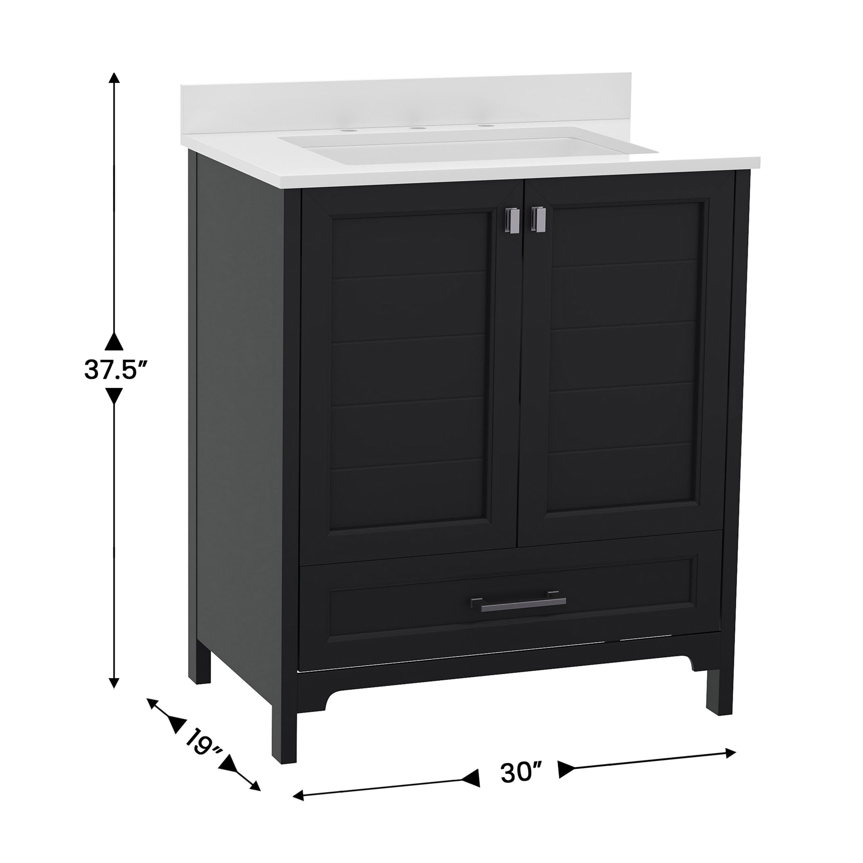 BizChair 30 Inch Bathroom Vanity with Sink, Storage Cabinet with Soft Close Doors and Bottom Drawer, Carrara Marble Finish Countertop, Black