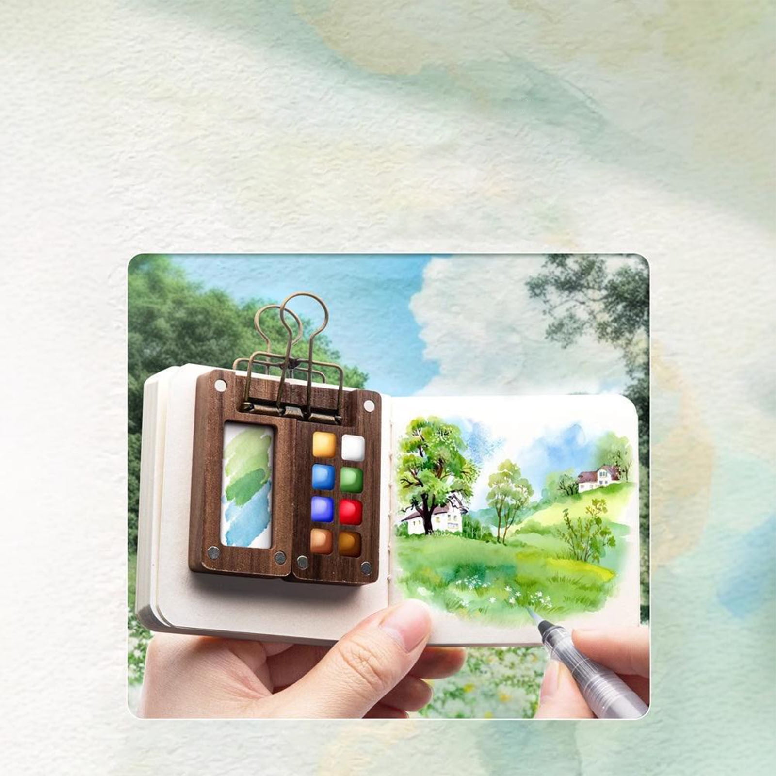 Pocket Artist Watercolor Travel Set, Travel Paint Palette, Wooden Paint Palette Travel Kit, Mini Portable Watercolor Palette with Clip for Artists Painters Students (15 Grid 24 Colors Set)