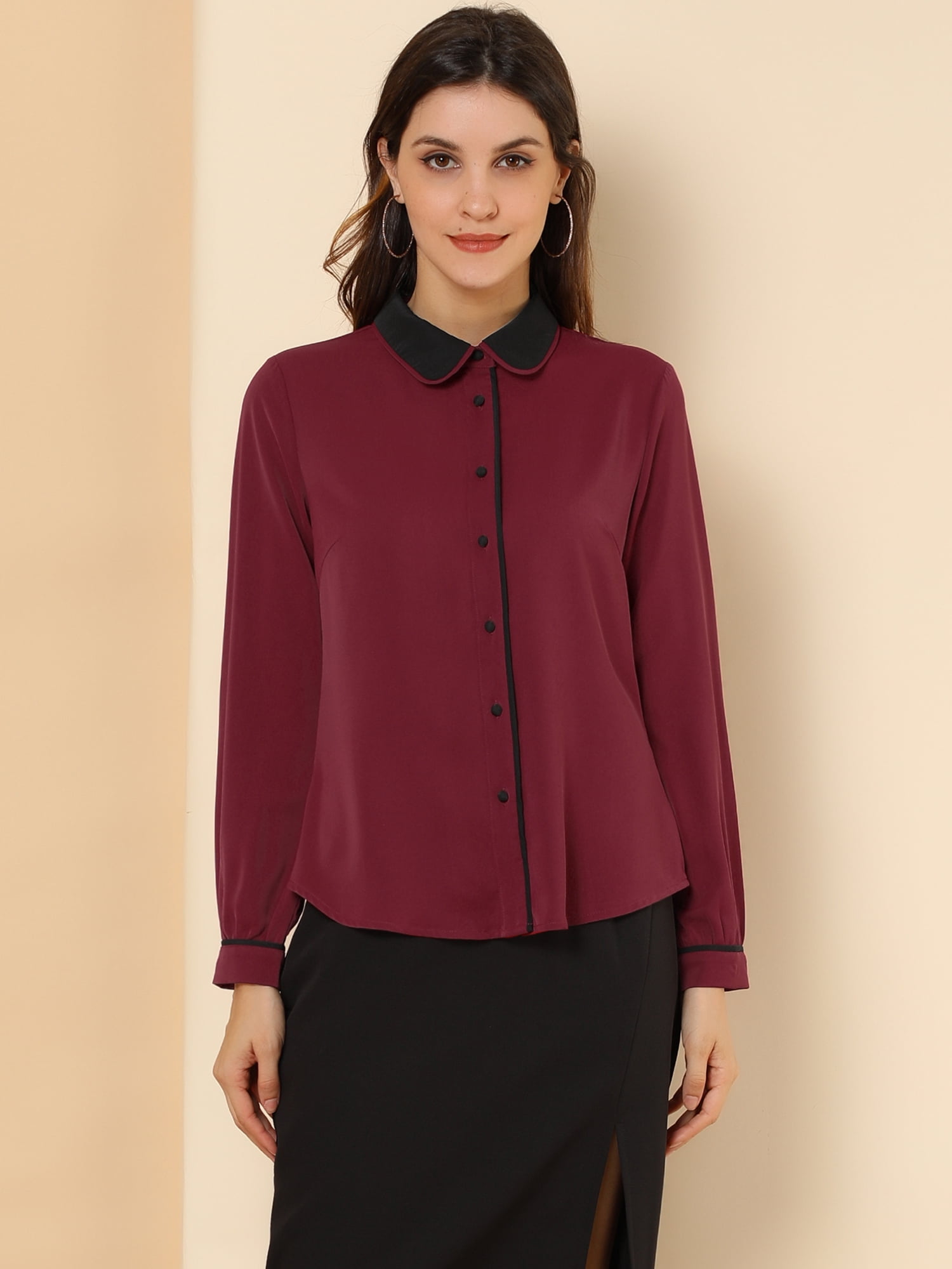 DARING DIVA Women's Button Down Long Sleeve Peter Pan Collar Blouse L Burgundy