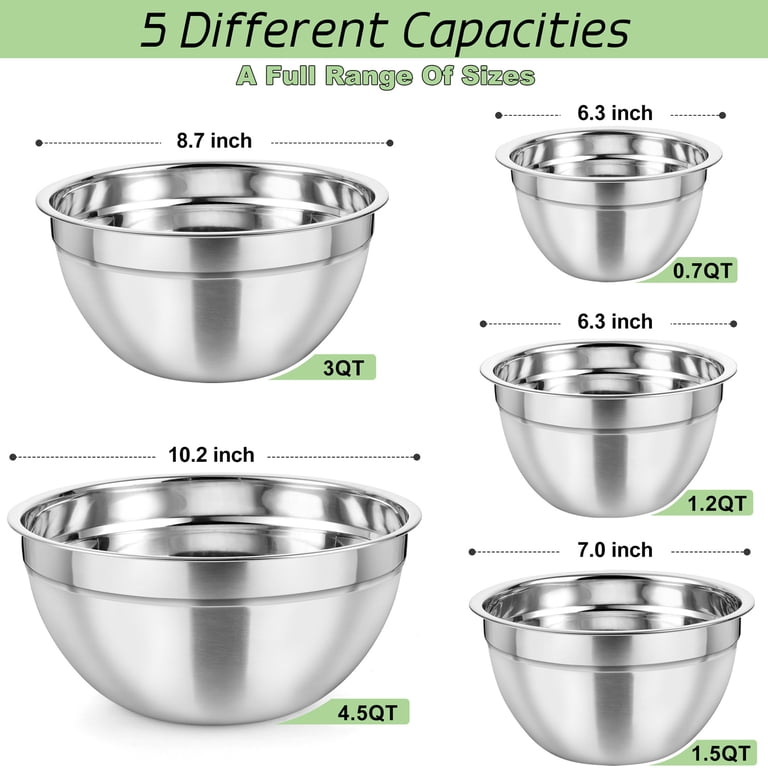 Coliware Stainless Steel Mixing Bowls Set, 5 Pack Nesting Salad Bowls Set for Meal Preparation, 0.7, 1.2, 1.5, 3, 4.5 QT